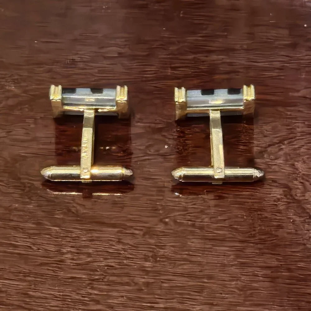 HEAVY RARE VINTAGE ESTATE MAYORS BIRKS 18K ITALY GOLD MOP ONYX STRIPED CUFFLINKS